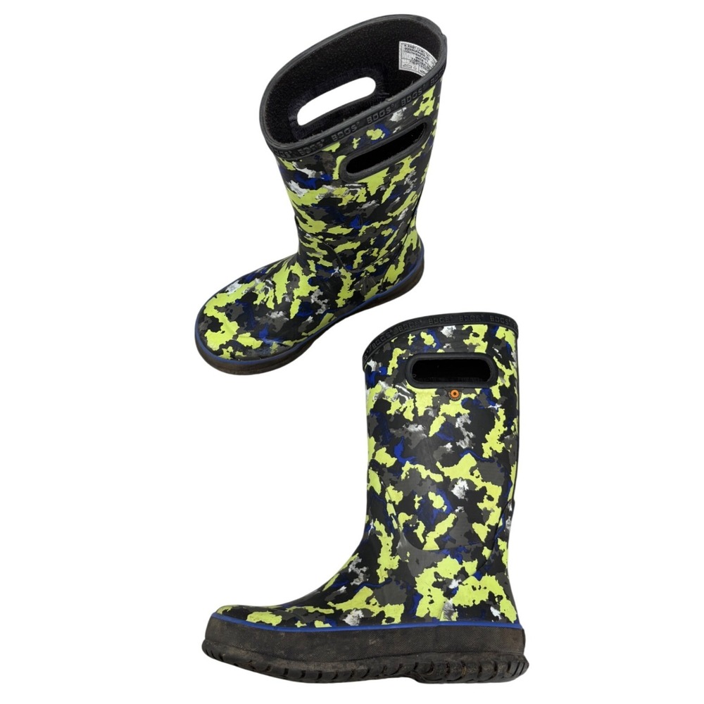Bogs Kids Rain Boots Size 2 Yellow Black Blue Camo Waterproof Pull On Rubber